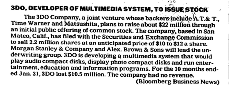 File:News Article 1993-03-11 COMPANY NEWS; 3DO, DEVELOPER OF MULTIMEDIA SYSTEM, TO ISSUE STOCK From The New York Time.png